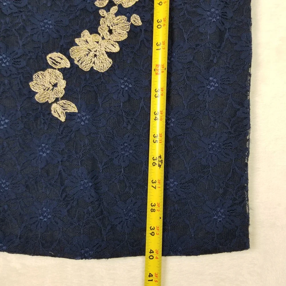 XSCAPE Sheath Dress Women 8P Navy Gold Floral Lace Embroidered Long Sleeve 163XP